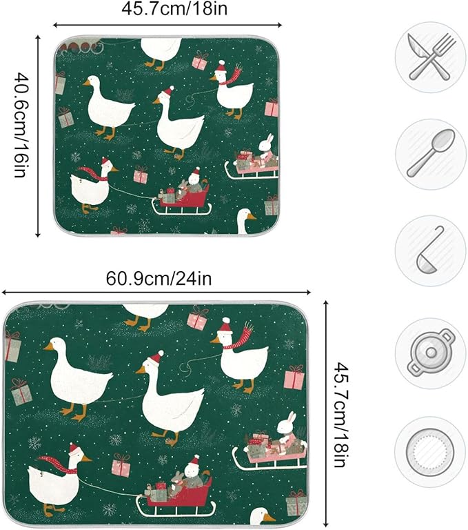 Christmas Geese Pattern Dish Drying Mat for Kitchen Counter Super Absorbent Drying Mat 16x18 inch Large Dish Drying Matts for Countertop Protector Dishes Pad
