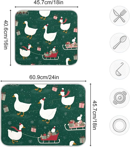 Christmas Geese Pattern Dish Drying Mat for Kitchen Counter Super Absorbent Drying Mat 16x18 inch Large Dish Drying Matts for Countertop Protector Dishes Pad