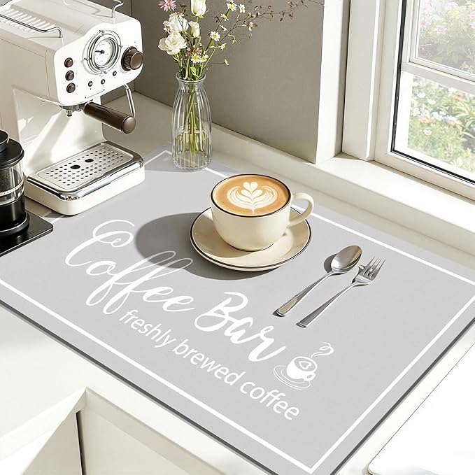 Findosom Dish Drying Mat, 16"x 24" Super Absorbent & Hide Stain Coffee Mat, Cuttable Drying Mat for Kitchen Counter, Coffee Bar Accessories, Under Dish Rack, Coffee Maker, Espresso Machine, LightGrey