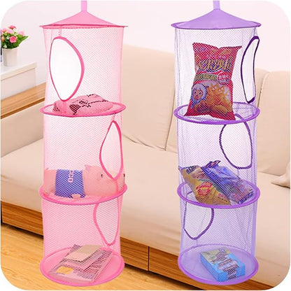 Mesh Hanging Storage Basket With 3 Compartments Foldable Hanging Storage Organizer Net Bag for Toys Storage, Space Saver Sundries Clothes Bra Underwear Socks Drying Basket Laundry Hamper (Purple)