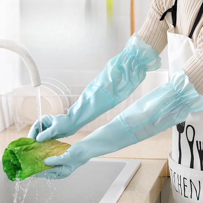 RARITYUS Household Kitchen Cleaning Gloves Waterproof Cotton Lined Dishwashing Non-Slip Long Cuff Gloves