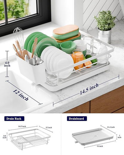 Kitsure Dish Drying Rack - Compact Dish Rack with Utensil Holder & Adjustable Water Outlet, Rust-Proof & Scratch-Resistant Drying Rack for Kitchen, 14.5" x 12.0" x 4.0", Sliver