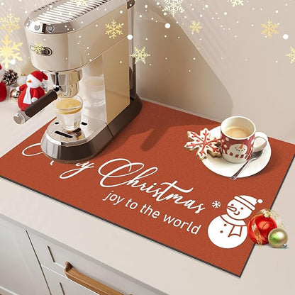 Findosom Christmas Dish Drying Mat, 12" x 20" Super Absorbent & Cuttable Dish Mat with Hello Sunshine Pattern, Hide Stain Drying Mat for Kitchen Counter Coffee Maker Dining Room Decoration, Red