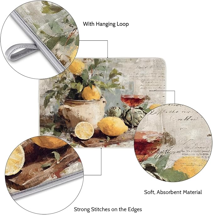 Dish Drying Mats with Hanging Loop for Kitchen Counter - Super Absorbent & Microfiber Sink Dry Mat with Vintage Lemon Paisley Floral, Non-Slip Backing, Dishes, Sink, Countertop Protection 18"x24"