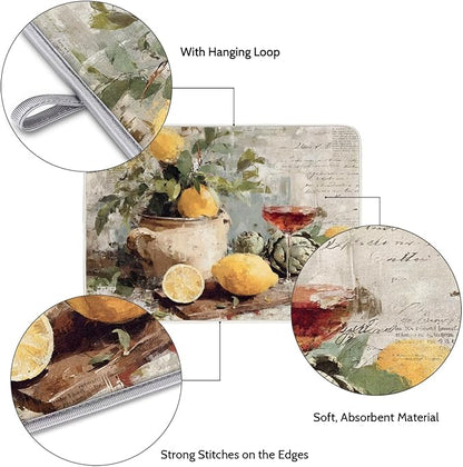 Dish Drying Mats with Hanging Loop for Kitchen Counter - Super Absorbent & Microfiber Sink Dry Mat with Vintage Lemon Paisley Floral, Non-Slip Backing, Dishes, Sink, Countertop Protection 18"x24"