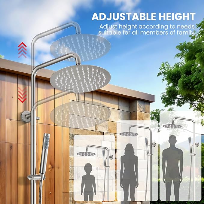 gotonovo Outdoor Shower Fixtures SUS304 Stainless Steel Rain Shower Kit Faucet High Pressure Wall Mount 2 Dual Function 8 Inch Showerhead and Handheld Spray Combo, Single Handle, Brushed Nickel