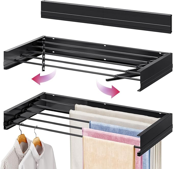 APEXCHASER Wall Mounted Clothes Drying Rack, 32'' Laundry Drying Rack Retractable, Towel Racks for Bathroom Balcony Laundry Room Wall Mount, Foldable Drying Rack for Clothing, Black