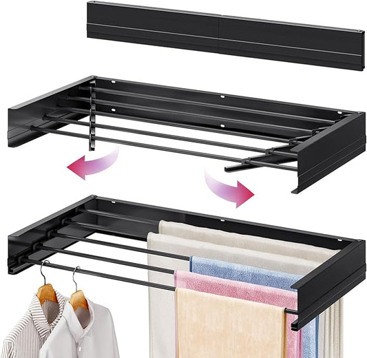 APEXCHASER Wall Mounted Clothes Drying Rack, 32'' Laundry Drying Rack Retractable, Towel Racks for Bathroom Balcony Laundry Room Wall Mount, Foldable Drying Rack for Clothing, Black