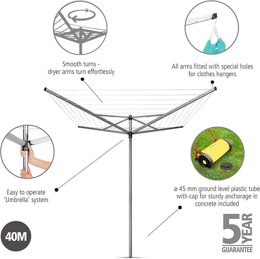 Brabantia Topspinner Outdoor 4 Arm Spinning Clothesline (131 ft/Ø 1.8") Rotating, Folding Clothes Drying Rack + Concrete Ground Tube (Gray)