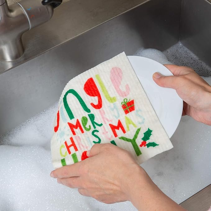 DII Swedish Dishcloths for Kitchen & Cleaning, Reusable, Machine Washable & Dishwasher Safe, Biodegradable, 7.75 x 6.75, Jingle, 3 Piece