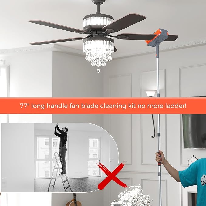 wlich Ceiling Fan Cleaner Kit with 77" Extension Pole, Reusable Chenille Brush for Fan Blades (Up to 8in), Cobwebs, Walls, and Furniture (Orange)