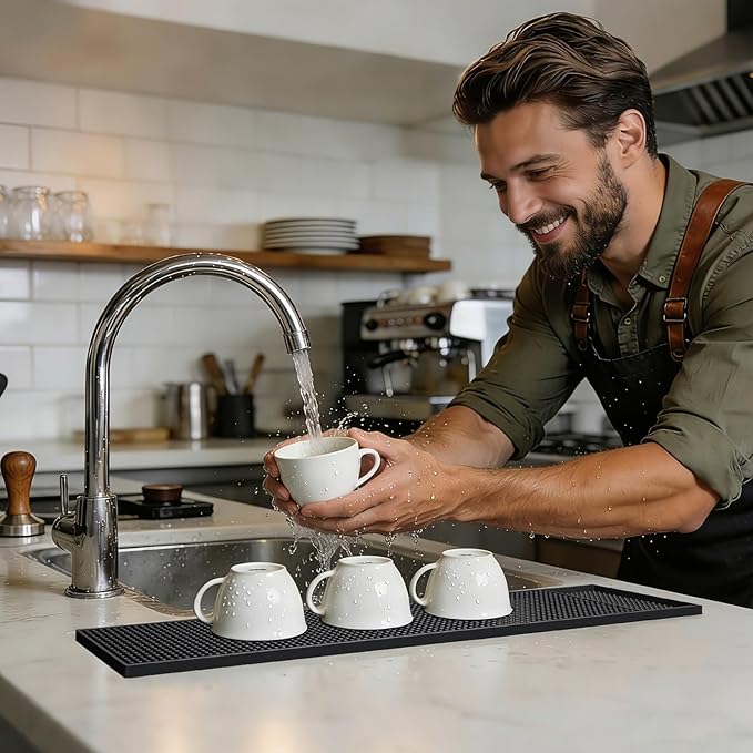 Facmogu 2PCS Rubber Bar Mats, 24x3 / 60x8cm Coffee Bar Countertop Spill Mats, Rubber PVC Kitchen Drink Service Mat, Rail Runner Drip Mat, Non Slip Heat Resistant Tabletop Protection Mat