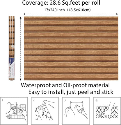 Arthome 17''x240'' Wood Slat Wallpaper, Peel and Stick Self Adhesive Wood Wallpaper PVC Vinyl Decorative Removable Wallpaper Waterproof Faux Wood Grating Stripe Contact Paper for Living Room Bedroom
