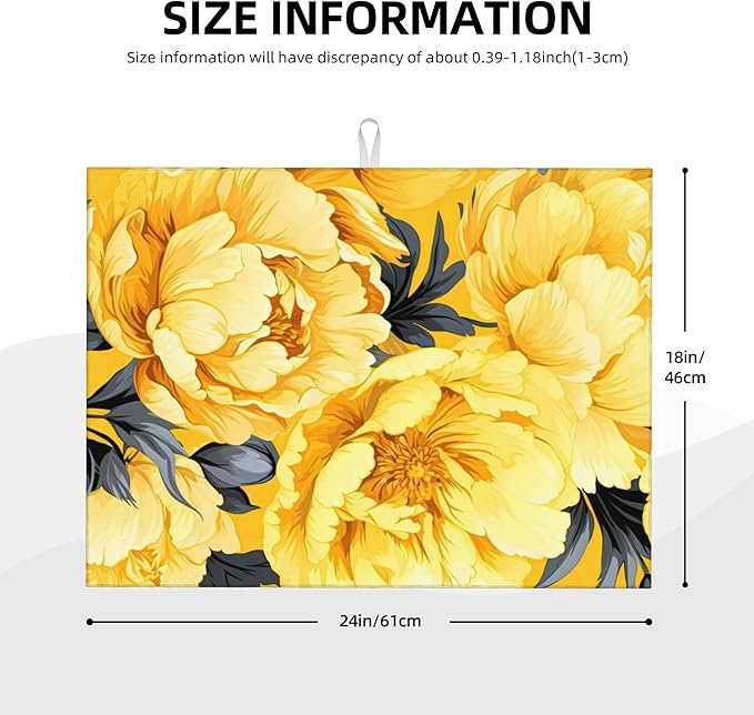 Yellow Peony Dish Drying Mats for Kitchen Counter, Absorbent Reversible Microfiber Dish Drying Pad, Multi-Use Large Drying Mat Coffee Bar Accessories 18"x24"