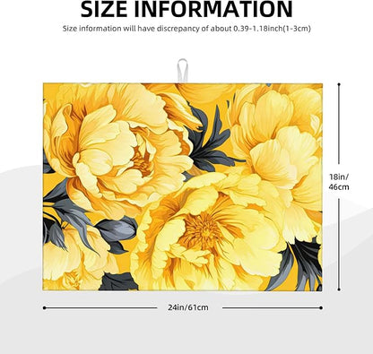 Yellow Peony Dish Drying Mats for Kitchen Counter, Absorbent Reversible Microfiber Dish Drying Pad, Multi-Use Large Drying Mat Coffee Bar Accessories 18"x24"
