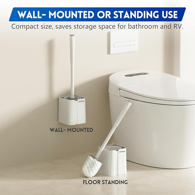 Y-in Hand Toilet Bowl Brush and Holder Set, Compact Toilet Scrubber Brush for RV and Bathroom Cleaning, Durable Classic 360°PP Bristle, Drip-Proof, Wall Mountable.（White）