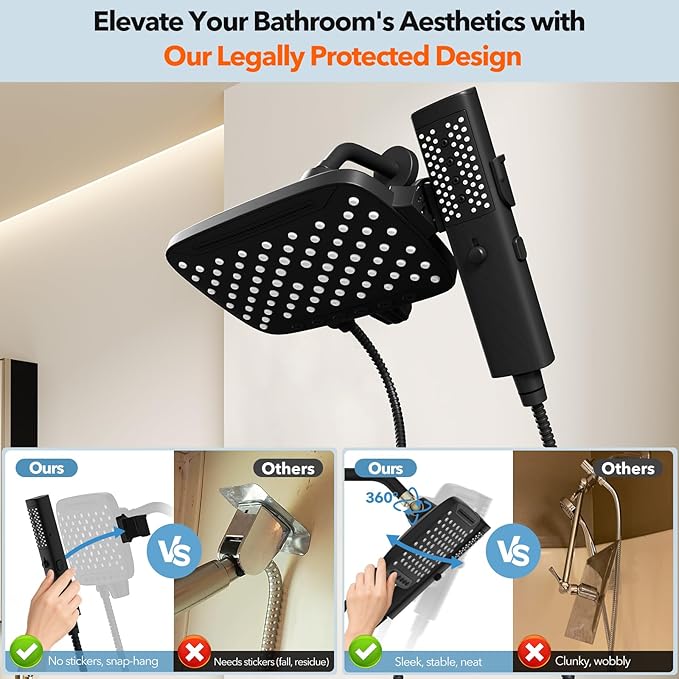 JDO High Pressure Shower Head, 7 Spray Modes Rain Shower Heads with Handheld Spray Combo,Dual Showerhead with 10 Inch Rainfall Spray, Detachable Hand Held Shower, Stainless Steel Hose, Power Wash