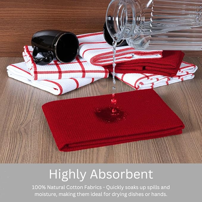 Assorted Waffle Kitchen Towels 100% Cotton Set of 6 - Heavy Duty 320 GSM Quality Dish Cloths - Soft Absorbent Washable for Kitchen Use - Quick Drying Dish Towel 16x26 inch Red