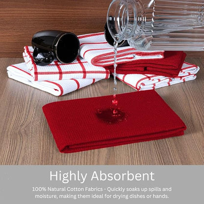 Assorted Waffle Kitchen Towels 100% Cotton Set of 6 - Heavy Duty 320 GSM Quality Dish Cloths - Soft Absorbent Washable for Kitchen Use - Quick Drying Dish Towel 16x26 inch Red