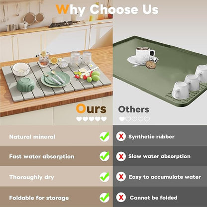 Stone Drying Mat for Kitchen Counter, Large Quick Dry Stone Mat, Collapsible Diatomaceous Earth Mats for Dishes Bottles Cups, Fits Any Countertop,23"×15.3",Light grey