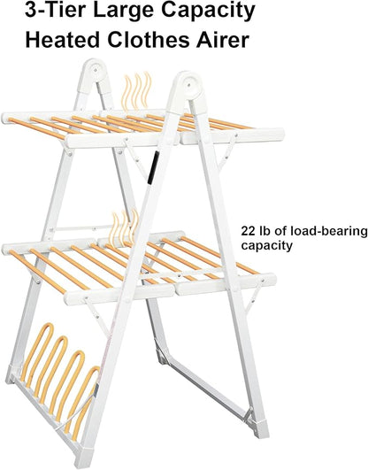 Electric Heated Clothes Drying Rack,Foldable Heated Garment Dryer with Timer Shut-Off Laundry Rack for Clothes Shoes Socks,Aluminum Alloy,White,Plug & Play,(39.37x25.98x23.82in)