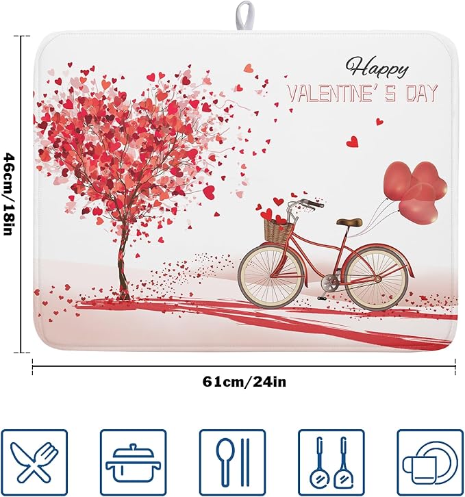 Romantic Valentine's Day Dish Drying Mat for Kitchen Valentines Bike and Tree Dish Drying Pad 18x24 Absorbent Reversible Happy Valentine Dishes Drainer Pad Holiday Dish Drying Rack Mat for Countertop