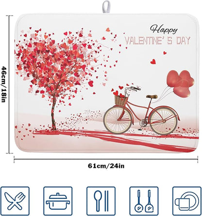 Romantic Valentine's Day Dish Drying Mat for Kitchen Valentines Bike and Tree Dish Drying Pad 18x24 Absorbent Reversible Happy Valentine Dishes Drainer Pad Holiday Dish Drying Rack Mat for Countertop