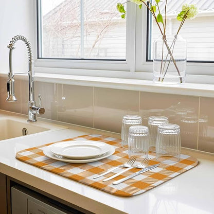 Dish Drying Mat Orange Buffalo Check Plaid Drying Mats for Kitchen Counter Farmhouse Style Absorbent Microfiber Dish Drainer Quick Drying Coffee Mat with Hanging Loop, 18 x24 inch
