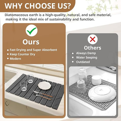 2 PCS Large Stone Dish Drying Mat for Kitchen Counter, Marbled Quick Dry Stone Dish Mats, Diatomaceous Earth Drying Pad, Foldable and Super Absorbent Dish Drying Stone Mat (Dark Gray 24"×16" & 8"×4")