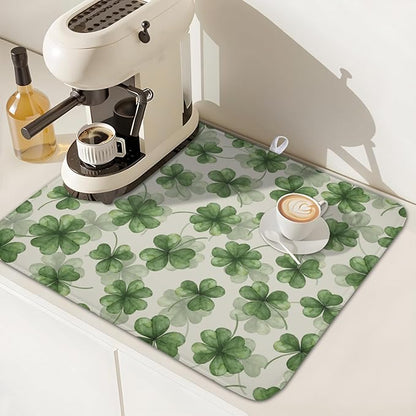 St Patrick's Day Green Clover Dish Drying Mat for Kitchen Counter Spring Holiday Watercolor Lucky Shamrock Drying Mat 16x18 Inch Absorbent Dish Drainer Mat Kitchen Accessories