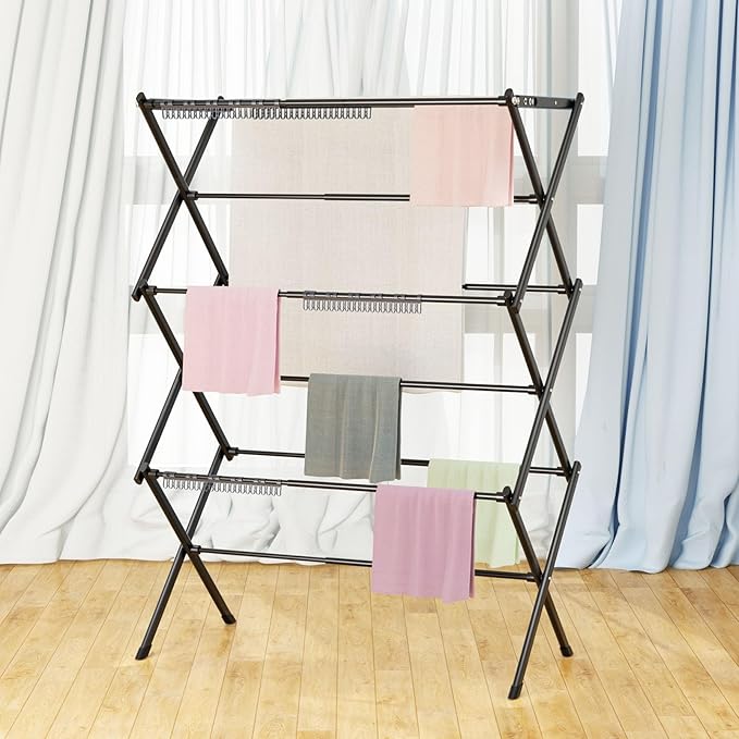3 Tier Clothes Drying Rack, Foldable Drying Rack Clothing,Indoor & Outdoor Laundry Rack for Drying Clothes,Space-Saving Design, Metal Collapsible Dryer Racks for Laundry,Pure Black