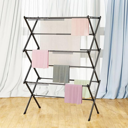 3 Tier Clothes Drying Rack, Foldable Drying Rack Clothing,Indoor & Outdoor Laundry Rack for Drying Clothes,Space-Saving Design, Metal Collapsible Dryer Racks for Laundry,Pure Black