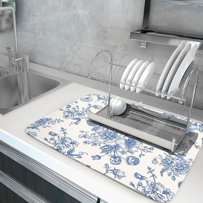 Vintage Blue Floral Dish Drying Mat for Kitchen Counter 18x24 Inch Chinoiserie Flowers Absorbent Reversible Microfiber Dish Pad Dish Drainer Rack Mats Countertops Protector Mat