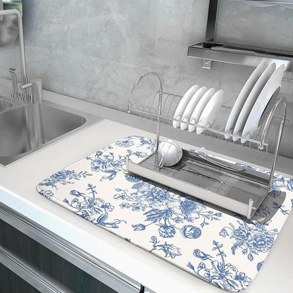 Vintage Blue Floral Dish Drying Mat for Kitchen Counter 18x24 Inch Chinoiserie Flowers Absorbent Reversible Microfiber Dish Pad Dish Drainer Rack Mats Countertops Protector Mat