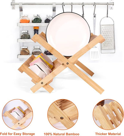 SZUAH Collapsible Bamboo Dish Drying Rack - 2 Tier Space Saving Kitchen Counter Organizer, Holds 19 Plates, Bowls & Utensils (17.8"x10.23"x9.25")
