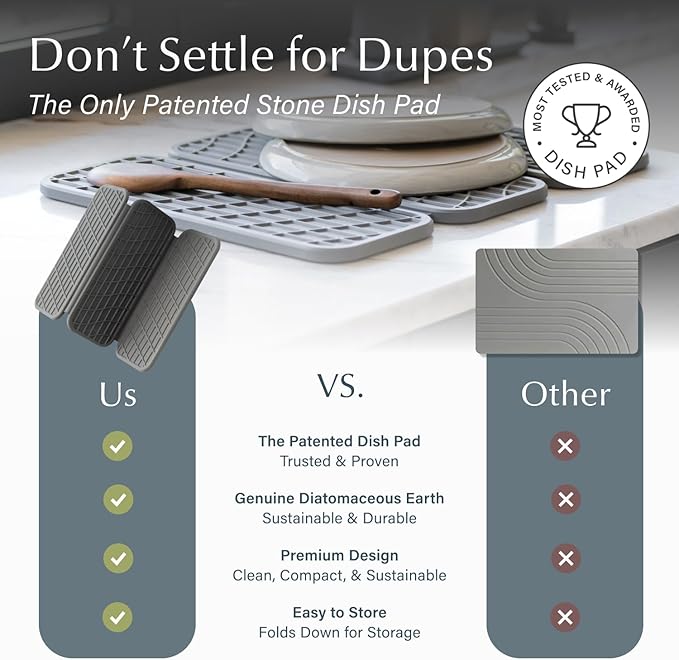 Dorai Home Dish Pad - Collapsable Stone Dish Drying Mat with Diatomaceous Earth for Quick Drying - Ultra Absorbent - Encased in Woven Silicone - Eco-Friendly, Foldable - Original 19.9"x15.2", Slate