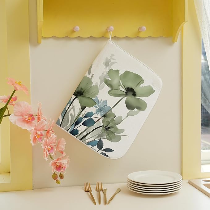 Blue Sage Green Dish Drying Mats 18x24 Inch Mats Vintage Floral Spring Drying Mats Summer Watercolor Flower Decor Seasonal Absorbent Drying Dish Mats for Kitchen Dining Room Counter Decorations