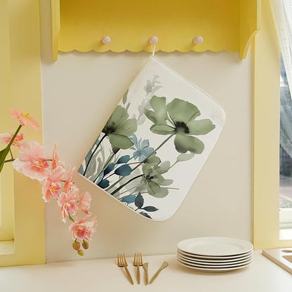 Blue Sage Green Dish Drying Mats 18x24 Inch Mats Vintage Floral Spring Drying Mats Summer Watercolor Flower Decor Seasonal Absorbent Drying Dish Mats for Kitchen Dining Room Counter Decorations