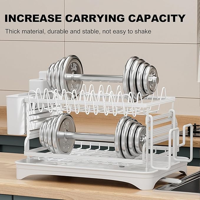 Kitchen Dish Drying Rack,2 Tier Dish Drying Rack with Draining Board, Kitchen Countertop Organizer, Multi-Use Utensil Organizer and Cup Holder, White