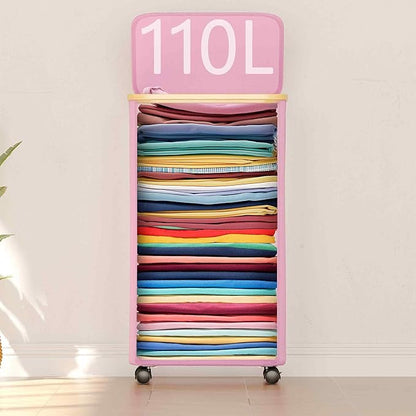 SUOCO Laundry Hamper on Wheels 100L, Clothes Basket with Lid and Bamboo Handles, Foldable Laundry Hamper for Bedroom, Bathroom, Dorm, Laundry Room - Pink