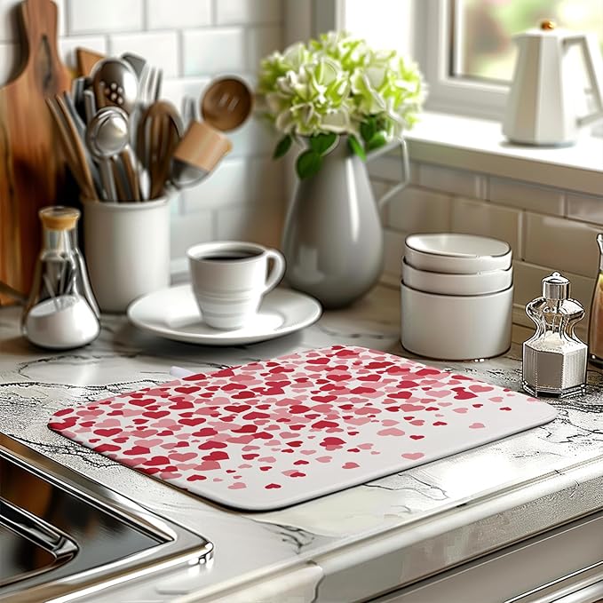 Valentines Dish Drying Mat Pink Red Love Hearts Valentine Drying Mats for Kitchen Counter Absorbent Microfiber Reversible Dish Draining Mat Medium Dishes Pad 16 X 18 Inch