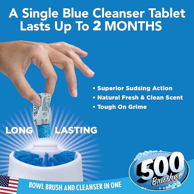 LOLA Self Dispensing Toilet Brush System, 2 Nylon Bristle Cleaning Wands w/ 20 Long-Lasting Concentrated Cleaner Tablets, 4 Refillable Heads 2 Caddies, No Liquid Cleaner Needed, Refillable & Reusable