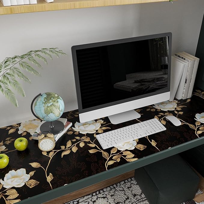 Laatse Black Golden Floral Peel and Stick Wallpaper Flowers Contact Paper 17.5"x118" Self Adhesive Waterproof Vintage Dark Floral Wall Paper for Shelf Liner Cabinet Decor