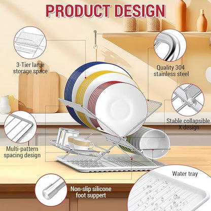 Dish Drying Rack with Drip Tray, Upgrade 3 Tier Collapsible Stainless Steel Dish Drainer, Plate Rack Holder for Kitchen Counter, Folding Dish Rack for Kitchen Sink, Countertop,Cutlery, Plates, Dishes
