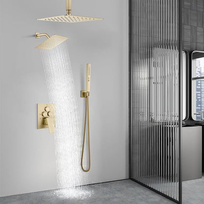 Aolemi Shower Faucet Set Ceiling Mount Shower System Rough-in Valve and Shower Trim Kit 2 in 1 Handheld Spray Push Button Diverter 12 and 6 Inch Dual Shower Head Brushed Gold