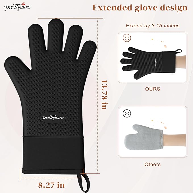 PrettyCare Extra Long 14in Silicone Oven Mitts, 2 Pcs Heat Resistant Waterproof Oven Gloves with Fingers, Non-Slip Cotton Lined Mitt for Baking, Grilling, Air Fryer & Kitchen Essentials, Gift for Men