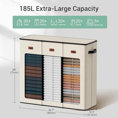 185L Laundry Hamper 3 Section with Lid, Beige Clothes Hamper with 3 Removable Laundry Bags, Large Laundry Basket for Bedroom, Laundry Room, Dorm
