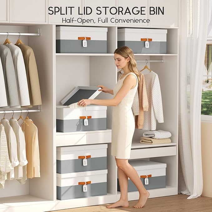Extra Large Storage Bins - 2 Pack Closet Storage Boxes with Double-Open Lid & Divider Board, Stackable Colthes Storage Organizer, Fabric Basket with Label Tag for Home, Laundry