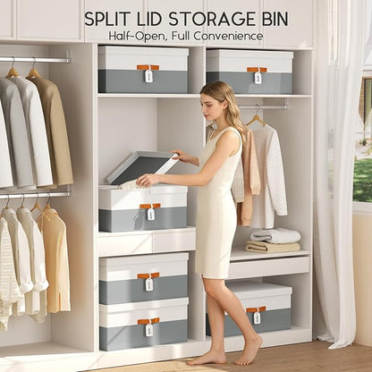 Extra Large Storage Bins - 3 Pack Closet Storage Boxes with Double-Open Lid & Divider Board, Stackable Colthes Storage Organizer, Fabric Basket with Label Tag for Home, Laundry