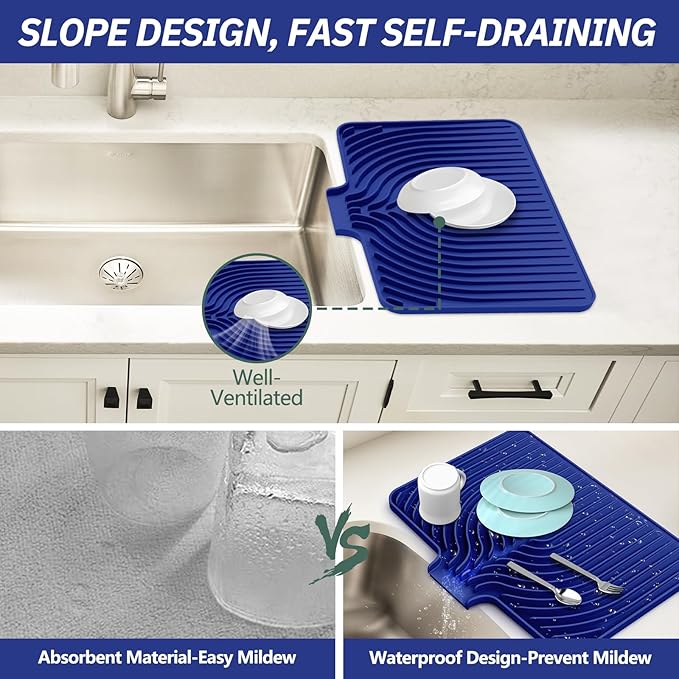 Dish Drying Mat for Kitchen Counter, with Built-in Drain Lip, Food-Grade Silicone, Easy Clean Pad for Countertop Protection, Multi-Functional Use (18x11.8, Midnight Blue)